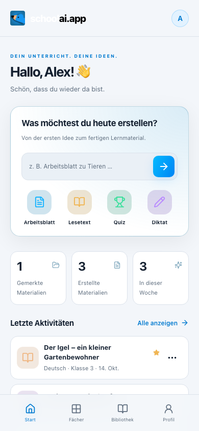 schoolai.app: Startseite mit Beispielprofil