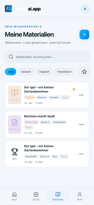 schoolai.app: Bibliothek mit Beispielmaterial